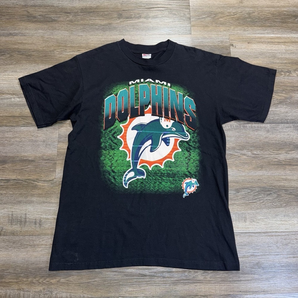 VTG 1990s True Fan Tag Black Miami Dolphins Shirt Mens Large Classic Logo Print